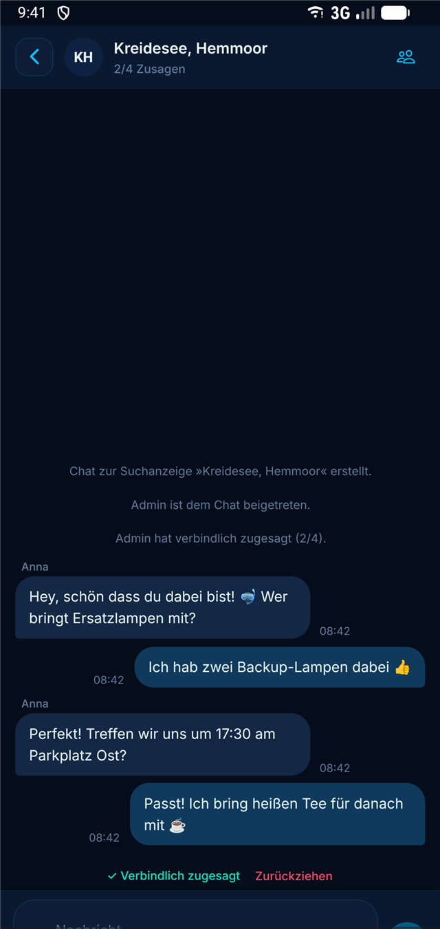 finndr Gruppen-Chat zu einer Suchanzeige mit verbindlicher Zusage