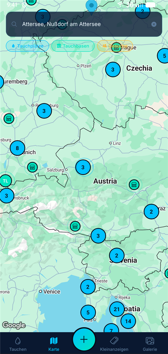 finndr Karte: Tauchplätze, Tauchbasen und Gesuche in den Alpen
