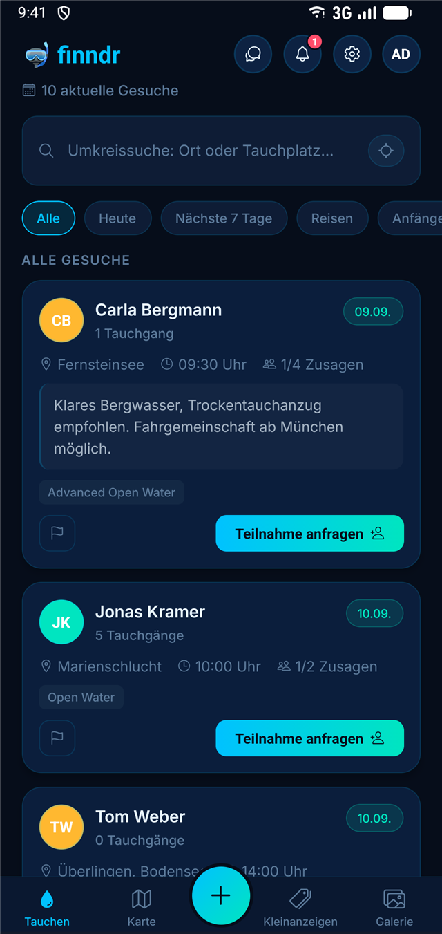 finndr Buddy-Suche: Suchanzeigen mit Umkreissuche und verbindlichen Zusagen